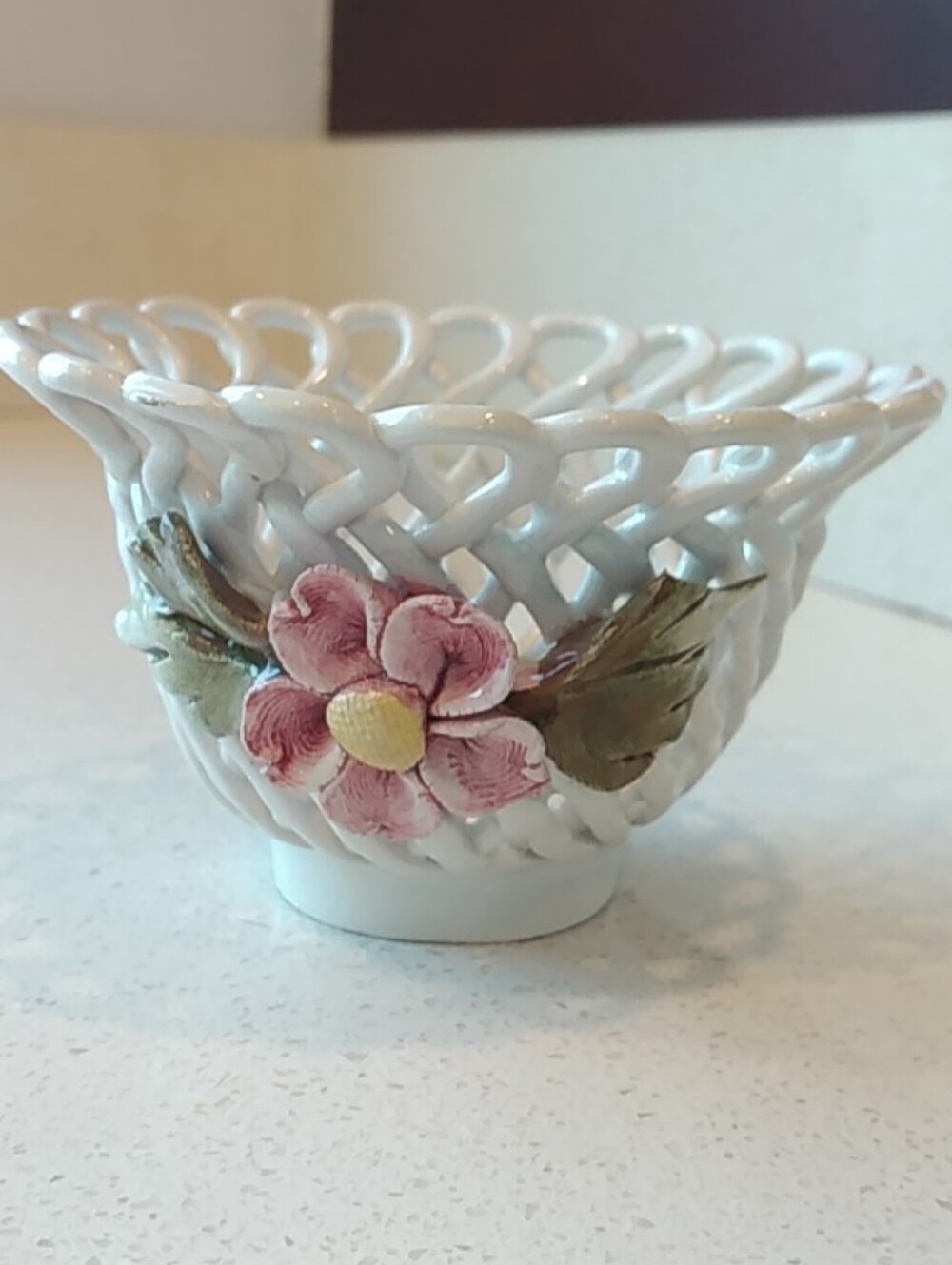 Capodimonte Italy White Ceramic Lattice Bowl with Pink Floral Accent Cottagecore
